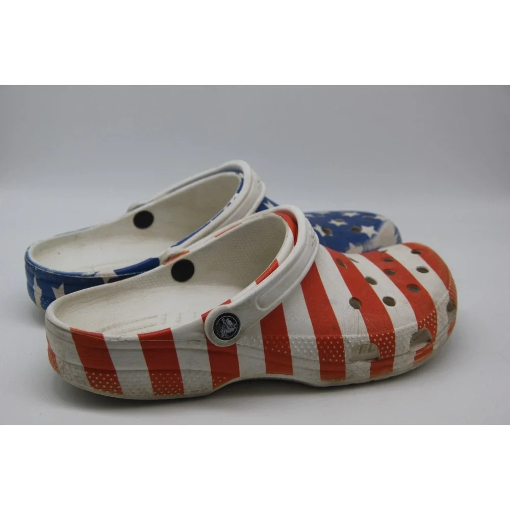Crocs American Flag Clog Sandals Men's Sz 9 W 11 Red White Blue Distressed USA